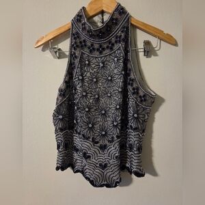 Papell Boutique Black and Silver Floral Pattern Blouse - Vintage